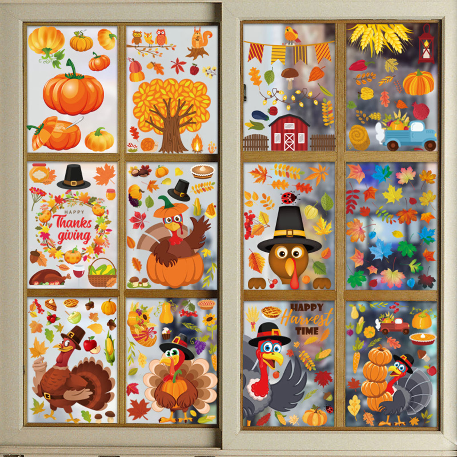 AJKSFHIU Thanksgiving Fall Window Clings,Pumpkins Fall Window Cling Sticker,Halloween Maple Leaf Window Decals Stickers ,Turkey Sticker Maple Leaf Thanksgiving Decoration Wall Sticker